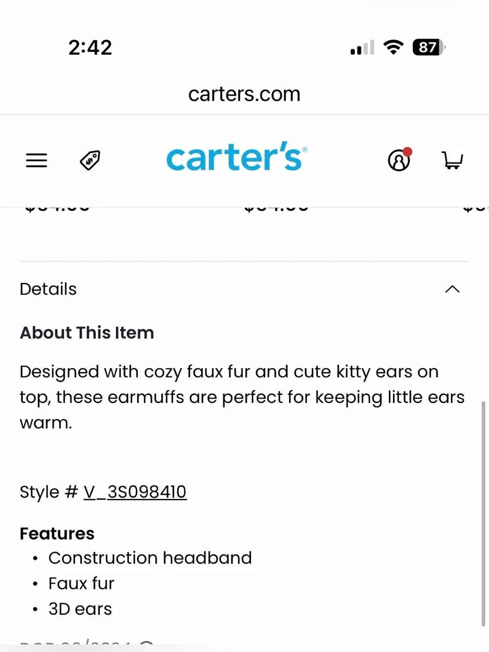 Carter’s Kid’s Pink Faux Fur Cat Ear Earmuffs 4-14 kitty costume